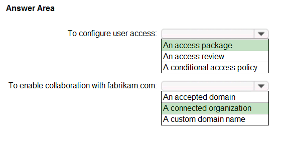 Answer Area

To configure user access:

To enable collaboration with fabrikam.com:

[An access package
An access review
A conditional access policy

¥

[An accepted domain
|A connected organization
A custom domain name