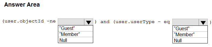 Answer Area

(user.objectId -ne

YW) and (user.userType - eq

“Guest”
“Member”
Null

“Guest”
“Member”
Null