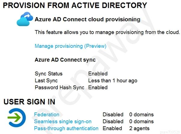 PROVISION FROM ACTIVE DIRECTORY
2 Azure AD Connect cloud provisioning
This feature allows you to manage provisioning from the cloud.
Manage provisioning (Preview)
Azure AD Connect sync
Sync Status Enabled

Last Syne Less than 1 hour ago
Password Hash Sync Enabled

USER SIGN IN

Federation Disabled 0 domains
Seamless single sign-on Disabled 0 domains
Pass-through authentication Enabled 2 agents.