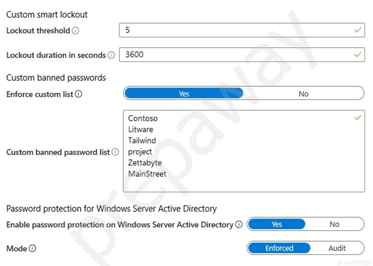 Custom smart lockout
Lockout threshold © {s v

Lockout duration in seconds@ | 3600 v

Custom banned passwords

Enforce custom list © EES No D)

Contoso v
Litware
Tailwind
Custom banned password list © | project
Zettabyte
MainStreet

Password protection for Windows Server Active Directory

Enable password protection on Windows Server Active Directory ©
Mode ©