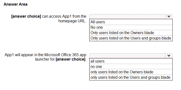 Answer Area

[answer choice] can access App1 from the
homepage URL.

App1 will appear in the Microsoft Office 365 app
launcher for [answer choice]

Allusers

No one

Only users listed on the Owners blade

Only users listed on the Users and groups blade

all users

no one

only users listed on the Owners blade

only users listed on the Users and groups blade