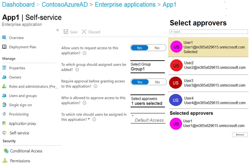 Dashoboard > ContosoAzureAD > Enterprise applications > App1

App? | Self-service

Enterprise application

HB overview

(D deployment Plan

Manage
IN) Properties

4 Owners

& Roles and administrators (re
&B Users and groups

D Single sign-on

® Provisioning

§B Application proxy

© Self-service

Security

©& Conditional Access

dy Pen

ions

save X discard

Allow users to request access to this
application? ©

To which group should assigned users be
added? ©

Require approval before granting access
to this application? ©

Who is allowed to approve acess to this
application? ©

To which role should users be assigned in
this application? * ©

Select approvers
—
e= «
Seed Group
Group User2@m365x629615.onmicrosoft.com
Users
‘User3@m365x629615.onmicrosoft.com
Select approvers User4
1 users selected User4@m365x629615,.onmicrosoft.com
————— Selected approvers
Default Access Usert
‘User @m365x629615.onmicrosoft.com