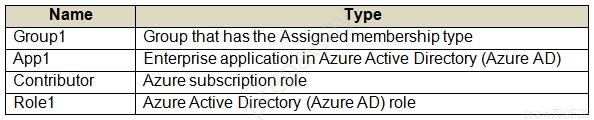 Name

Type

Groupt

Group that has the Assigned membership type

Appt

Enterprise application in Azure Active Directory (Azure AD)

Contributor

‘Azure subscription role

Rolet

‘Azure Alive Directory (Azure AD) role