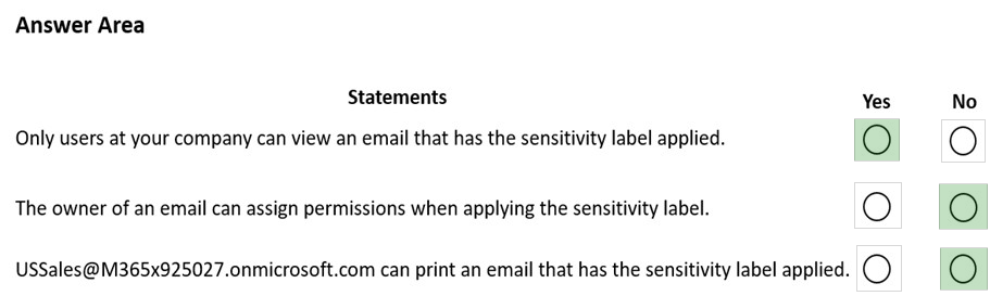 Answer Area

Statements Yes No
Only users at your company can view an email that has the sensitivity label applied. O O
The owner of an email can assign permissions when applying the sensitivity label. O O

USSales@M365x925027.onmicrosoft.com can print an email that has the sensitivity label applied. O O