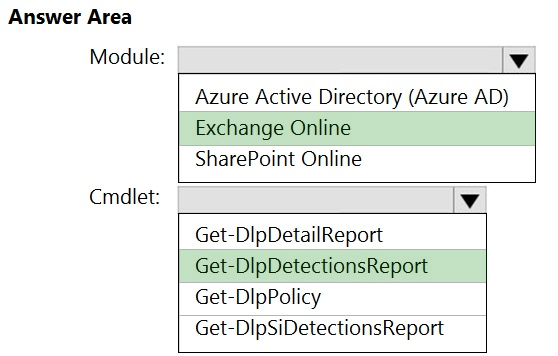 Answer Area

Module: Vv

Azure Active Directory (Azure AD)
Exchange Online
SharePoint Online

Cmdlet: Vv

Get-DlpDetailReport
Get-DlpDetectionsReport
Get-DIpPolicy
Get-DlpSiDetectionsReport