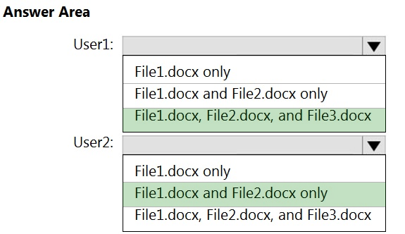 Answer Area

User1: Vv

File1.docx only
Filel.docx and File2.docx only
File1.docx, File2.docx, and File3.docx

User2: Vv

File1.docx only
Filel.docx and File2.docx only
File1.docx, File2.docx, and File3.docx