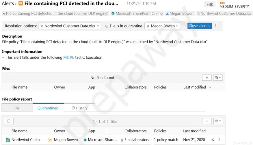 > ‘i ii /21/20 1:10 PI ie
Alerts » & File containing PCI detected in the clou.... 11/21/20 110 PM +30 MEDIUM SEVERITY

's File containing PCI detected in the cloud (built-in DLP engine) @ Microsoft SharePoint Online a Megan Bowen 1D Northwind Customer Data xisx

Resolution options: | Northwind Customer Dataxlsx » | @ File is in quarantine | 2 Megan Bowen» | [SESS

Description
File policy “File containing PCI detected in the cloud (built-in DLP engine)" was matched by "Northwind Customer Data.xlsx"

Important information
+ This alert falls under the following MITRE tactic: Execution

Files
No files found + || Be

File name Owner App Collaborators Policies Last modified

File policy report

File Quarantined O History

a

1-1of 1 files

File name Owner App Collaborators Policies Last modified

[Bi Northwind Custo... @) Megan Bowen @ Microsoft Share... 5 collaborators 1 policy match Nov 21,2020 9