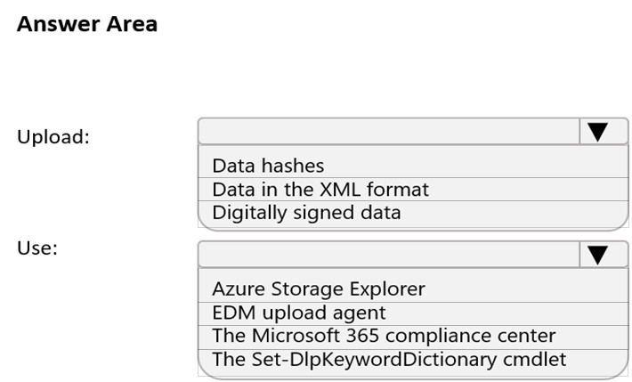 Answer Area

Upload: }
Data hashes
Data in the XML format
\ Digitally signed data
Use:

Azure Storage Explorer

EDM upload agent
The Microsoft 365 compliance center

\ The Set-DIlpKeywordDictionary cmdlet