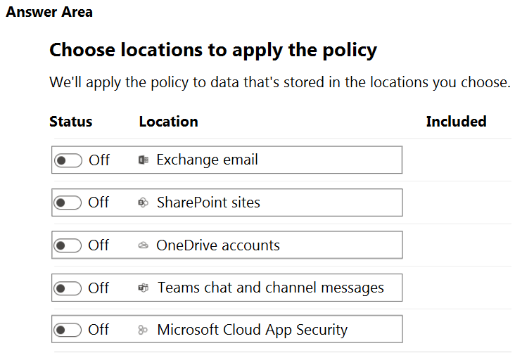 Answer Area

Choose locations to apply the policy

We'll apply the policy to data that's stored in the locations you choose.
Status Location Included

@> Off @® Exchange email

@ Off © SharePoint sites

@_ Off = OneDrive accounts

(© Off | * Teams chat and channel messages

@) Off Microsoft Cloud App Security