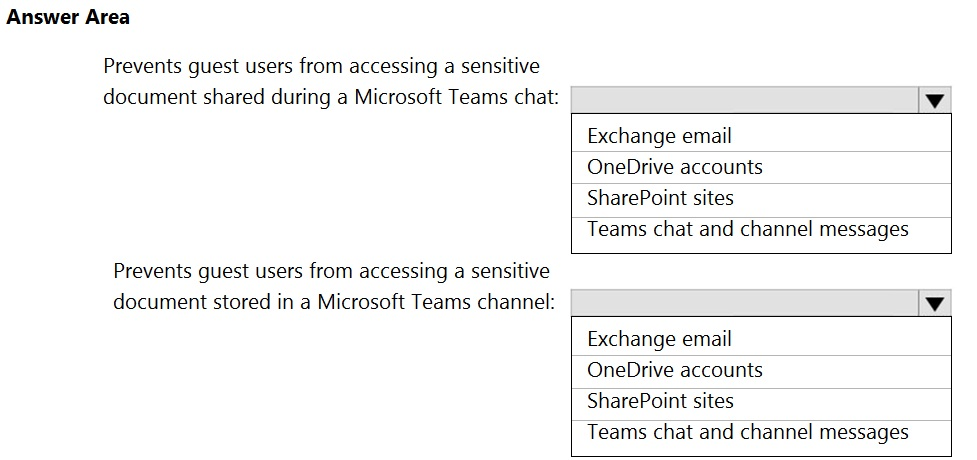Answer Area

Prevents guest users from accessing a sensitive
document shared during a Microsoft Teams chat:

Exchange email

OneDrive accounts

SharePoint sites

Teams chat and channel messages

Prevents guest users from accessing a sensitive
document stored in a Microsoft Teams channel:

Exchange email

OneDrive accounts

SharePoint sites

Teams chat and channel messages