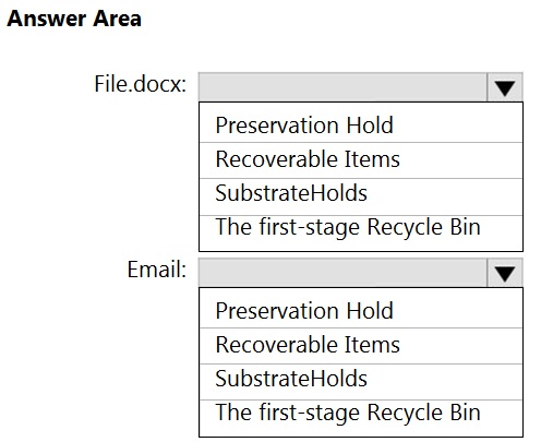 Answer Area

File.docx: Vv

Preservation Hold
Recoverable Items
SubstrateHolds

The first-stage Recycle Bin

Email: Vv

Preservation Hold
Recoverable Items
SubstrateHolds

The first-stage Recycle Bin