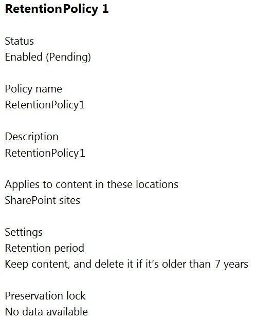 RetentionPolicy 1

Status
Enabled (Pending)

Policy name
RetentionPolicy1

Description
RetentionPolicy1

Applies to content in these locations
SharePoint sites

Settings
Retention period
Keep content, and delete it if it's older than 7 years

Preservation lock
No data available