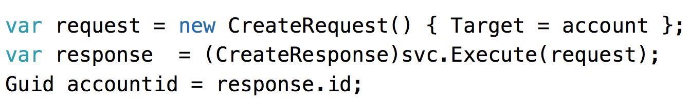 var request = new CreateRequest() { Target = account };
var response = (CreateResponse)svc.Execute( request);
Guid accountid = response. id;