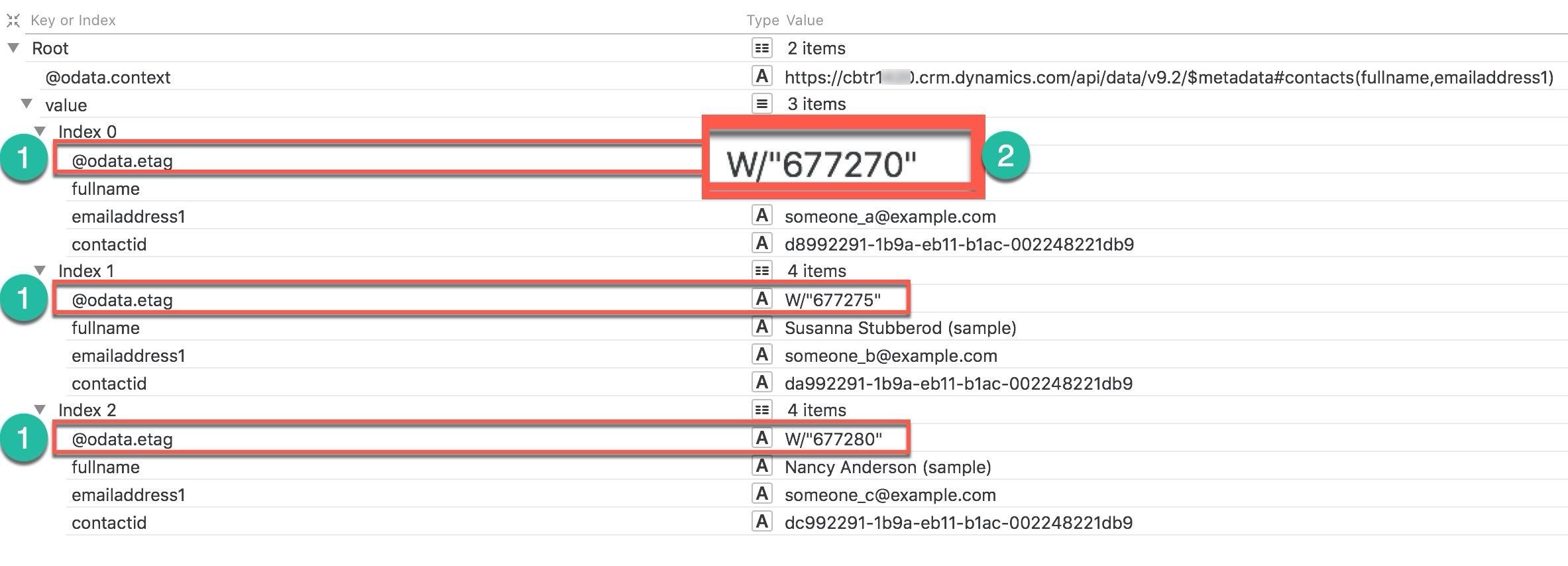 > Key or Index Type Value

v Root 22 2 items
@odata.context A) https://cbtr1 —).crm.dynamics.com/api/data/v9.2/$metadata#contacts(fullname,emailaddress1)
Vv value =) 3items

Vv Index 0

fullname
emailaddress1 A. someone_a@example.com
contactid A) d8992291-1b9a-eb11-b1ac-002248221db9
v Index 1 z= Aitems
ay @odata.etag A. W/"677275"
fullname A_ Susanna Stubberod (sample)
emailaddress1 A someone_b@example.com
contactid A) da992291-1b9a-eb11-b1ac-002248221db9
v Index 2 z=) Aitems
@ @odata.etag A. W/"677280"
fullname A Nancy Anderson (sample)
emailaddress1 A someone_c@example.com

contactid A) dc992291-1b9a-eb11-b1ac-002248221db9