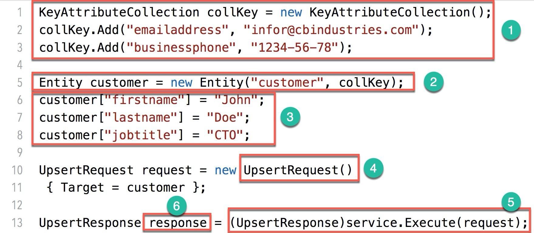 Co nN OO MO SPW PY —

eo)

KeyAttributeCollection collKey = new KeyAttributeCollection();
collKey.Add("emailaddress", "“infor@cbindustries.com");

collKey.Add("businessphone", 1234-56-78");

Entit

customer = new Entity("customer", collKey);

customer["lastname"] =

customer["jobtitle"] = "CTO";

UpsertRequest request = new|UpsertRequest () 0

{ Target = customer };

G is)
Upse -tnesponsel TE AEE] = |(UpsertResponse) service. Execute( request);