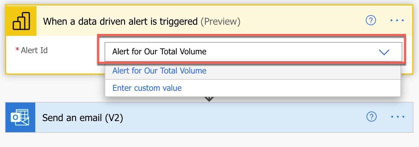 When a data driven alert is triggered (Preview)

* Alert Id

Alert for Our Total Volume

Enter custom value

Send an email (V2) Que