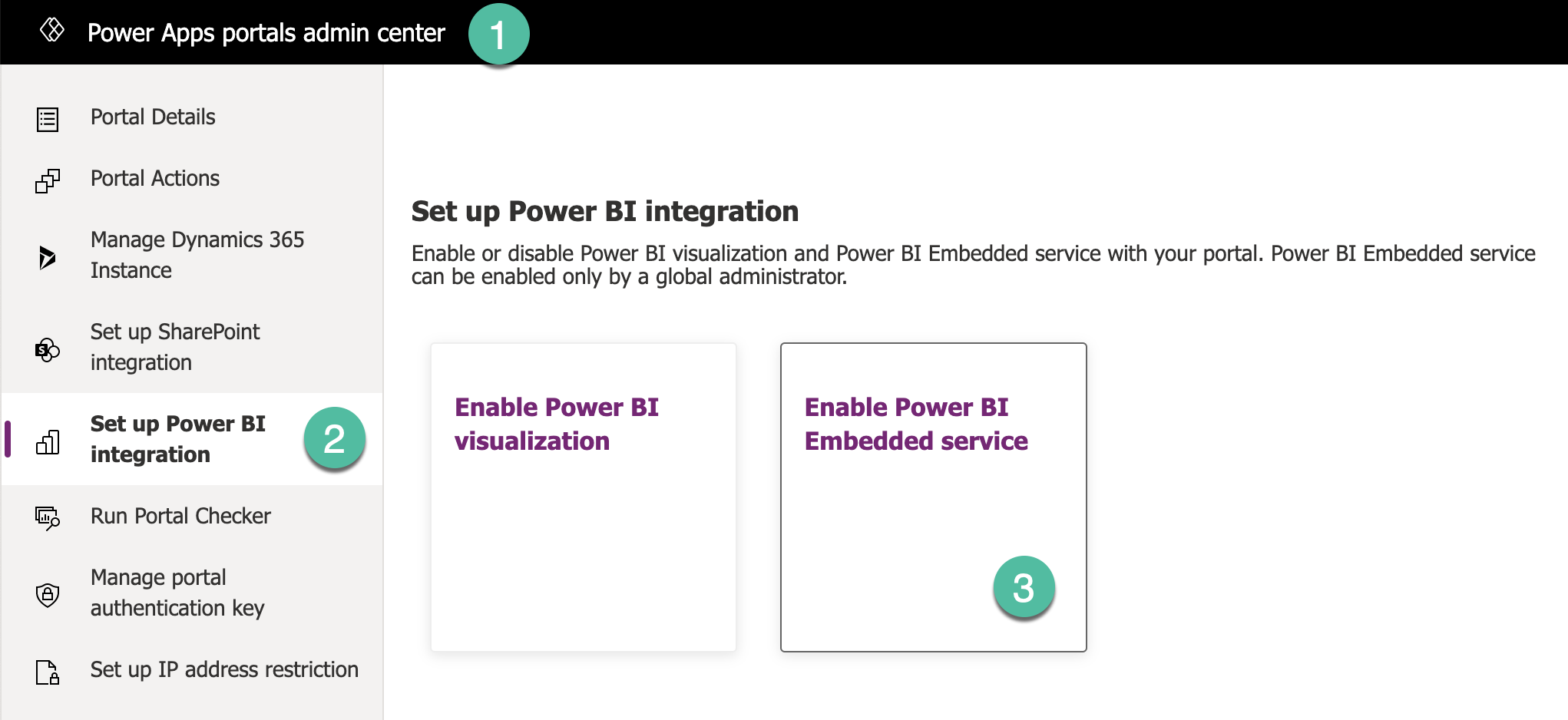 & Power Apps portals admin center a |

Portal Details

ge Portal Actions

Set up Power BI integration
Manage Dynamics 365

b Enable or disable Power BI visualization and Power BI Embedded service with your portal. Power BI Embedded service
Instance can be enabled only by a global administrator.
Set up SharePoint
& integration
Enable Power BI Enable Power BI
| all Set up Power BI visualization Embedded service
integration

{8 — Run Portal Checker

Manage portal
authentication key

[a Set up IP address restriction