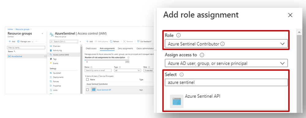 Add role assignment x

Reawiee | pene —
as Ones | GEERT. tw nee ome ee oem!) Re so Comin S
—=—— eT. ||
ae coccinmoycr Assign access to ©
7 = Azure AD user, group, or service principal v
moe fe
bam 2s Select O
——— me azure sentinel
oh Zz
7 7 Azure Sentinel API