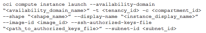 oci compute instance launch --availability-domain
“<availability_domain_name>” -t <tenancy_id> -c <compartment_id>
-shape “<shape_name>” --display-name “<instance_display_name>”
-image-id <image_id> --ssh-authorized-keys-file
“<path_to_authorized_keys file>” --subnet-id <subnet_id>