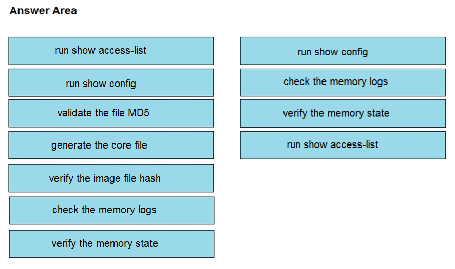 Answer Area

run show access-list

run show config

run show config

check the memory logs

validate the file MD5

verify the memory state

generate the core file

run show access-list

verify the image file hash

check the memory logs

verify the memory state