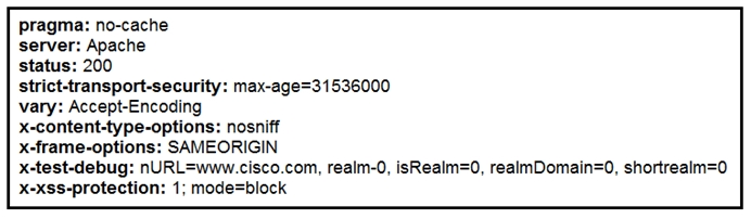 pragma: no-cache
server: Apache

status: 200

strict-transport-security: max-age=31536000
vary: Accept-Encoding

x-content-type-options: nosniff

x-frame-options: SAMEORIGIN

x-test-debug: nURL=www.cisco.com, realm-0, isRealm=0, realmDomain=0, shortrealm=0
X-xss-protection: 1; mode=block