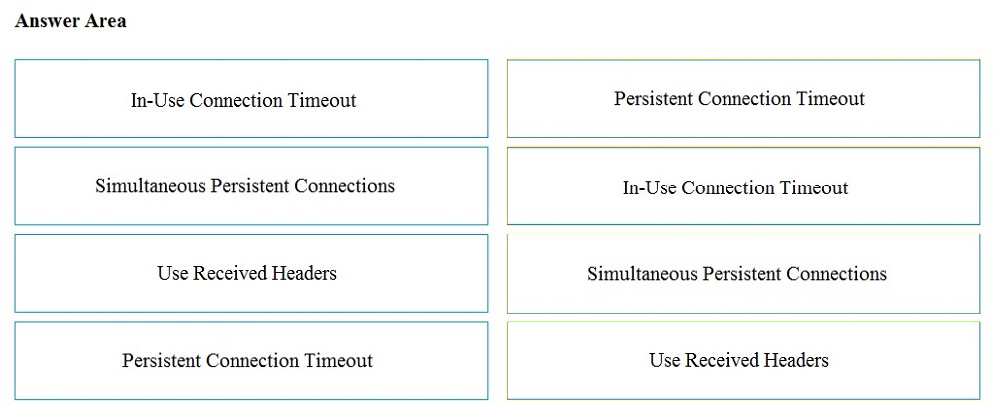 Answer Area

In-Use Connection Timeout

Persistent Connection Timeout

Simultaneous Persistent Connections

In-Use Connection Timeout

Use Received Headers

Simultaneous Persistent Connections

Persistent Connection Timeout

Use Received Headers