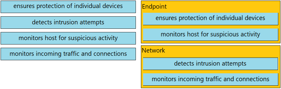 ensures protection of individual devices

detects intrusion attempts

monitors host for suspicious activity

Endpoint

ensures protection of individual devices

monitors host for suspicious activity

monitors incoming traffic and connections

Network

detects intrusion attempts

monitors incoming traffic and connections
