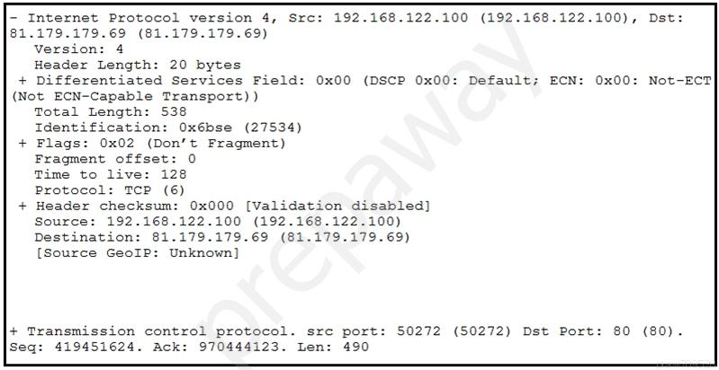 - Internet Protocol version 4, Src

81.179.179.69 (81.179.179.69
version: 4
Header Length: 20 bytes

+ Differentiated Services Field:

(Not ECN-Capable Transport) )
Total Length: 538
Identification: Oxébse (27534)
Flags: 0x02 (Don’t Fragment
Fragment offset: 0
Time to live: 128
Protocol: TCP (6)
Header checksum: 0x000
Source: 192.168.122.100
Destination: 81.179.179.69
[Source GeoIP: Unknown]

(81.17

+ Transmission control protocol.

Seq: 419451624. Ack: 970444123. Len:

0x00

sre port:

192.168.122.100 (192.168.122.100), Dst

(DSCP 0x00: Default; ECN: 0x00: Not-ECT

[Validation disabled]
(192.168.122.100)

9.179.69)

50272 (50272) Dst Port: 80 (80)

490